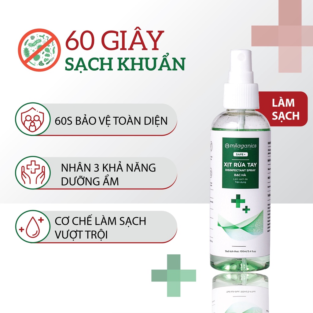 (MUA 3 TẶNG 1)Dung Dịch Rửa Tay Khô Bạc Hà, Xịt Kháng Khuẩn Làm Sạch Vượt Trội, Không Gây Khô Da MILAGANICS 100ml (Chai)