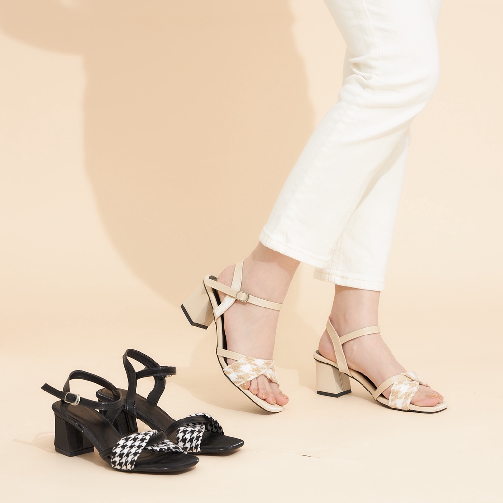 Giày MWC 4348 - Sandal Cao Gót Quai Ngang Xoắn Chéo Phối Dạ Caro Gót Vuông 5p Thời Trang