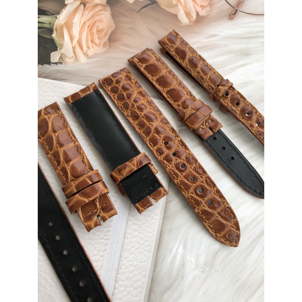 Dây Đồng Hồ Da Bò 100% Màu Nâu Vàng Vân Nhện Tặng Kèm Chốt Và Đồ Thay Dây
