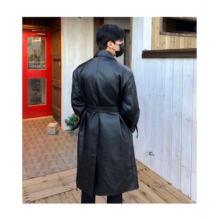 DAVIDME Áo khoác da dáng dài kèm thắt lưng phong cách Hàn Quốc cho nam