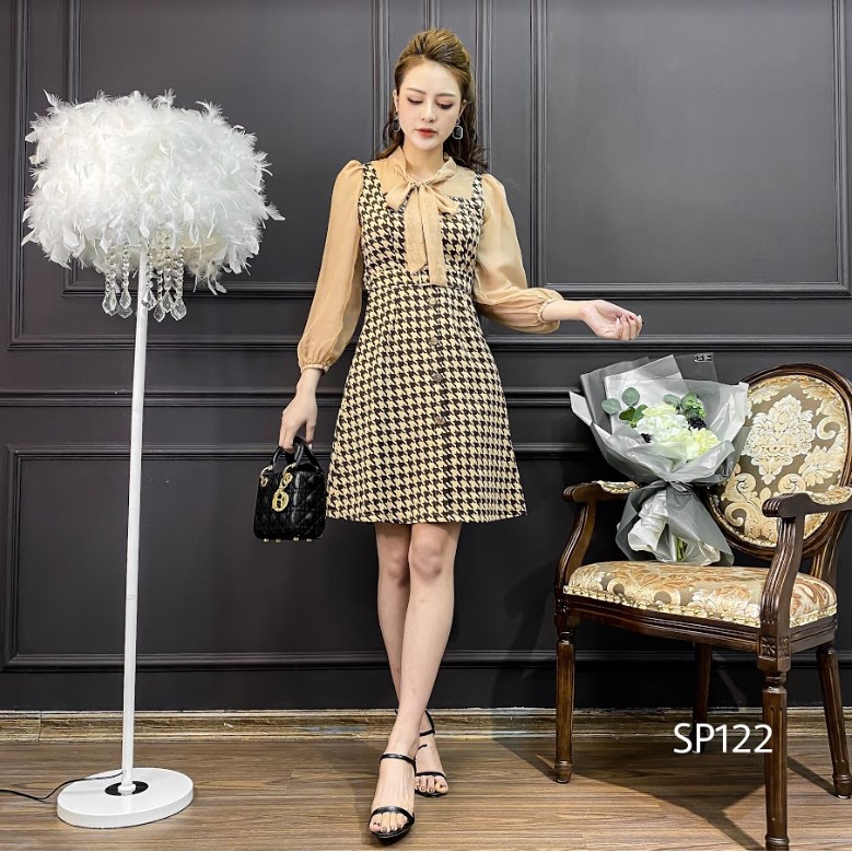 Váy công sở kẻ cổ nơ, váy xòe chiết eo tôn dáng siêu xinh SP122 | BigBuy360 - bigbuy360.vn