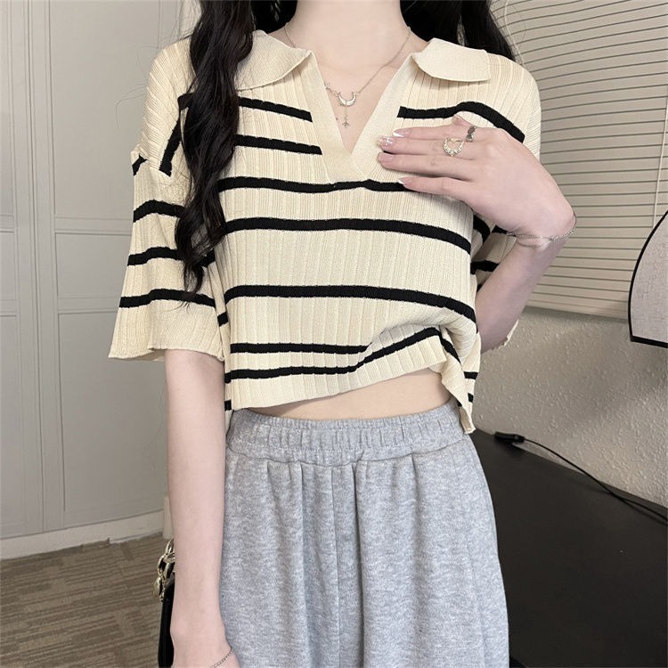 Áo thun dệt kim ZHELIHANGFEI cổ polo họa tiết kẻ sọc thời trang cá tính