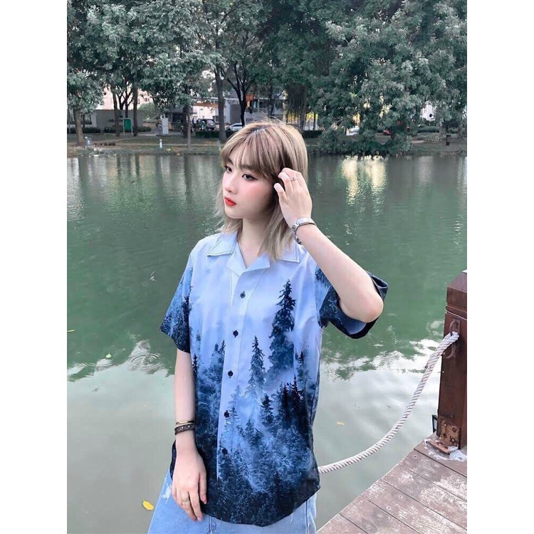Áo sơ mi tay lỡ from rộng MEDE họa tiết rừng cây , in lụa cực chất