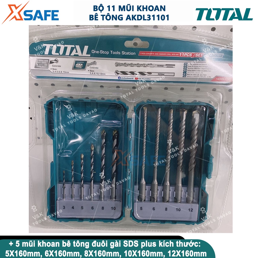 Bộ 11 mũi khoan bê tông đuôi trơn và đuôi gài TOTAL TACSDL31101 kích thước 3, 4, 5, 6, 8, 10,12mm - chính hãng