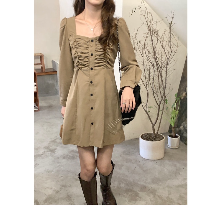 Đầm chữ A tay dài cổ vuông phong cách Hàn Quốc