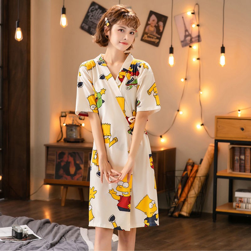 Đầm Ngủ Cotton Kiểu Kimono Nhật Bản Thời Trang Xuân Thu Cho Nữ