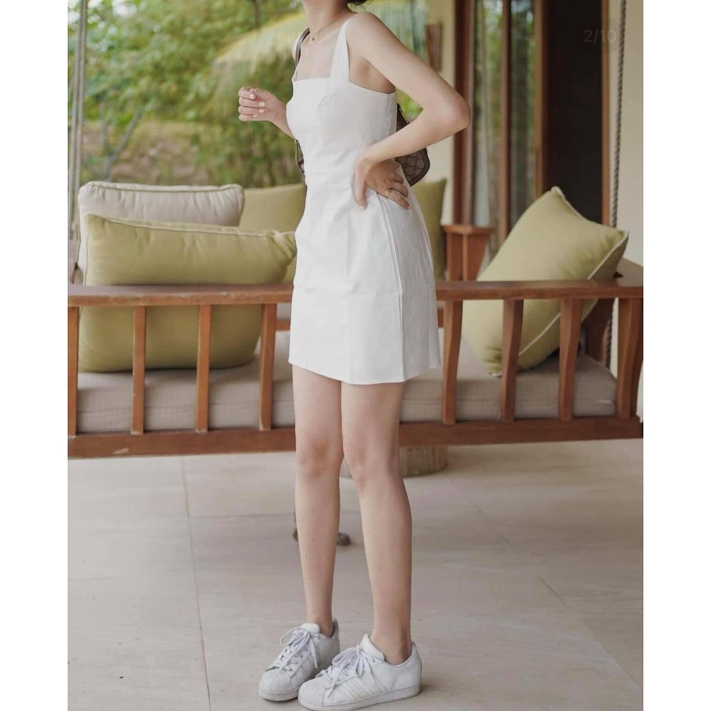 Váy hai dây minidress quai bản to lưng chun 2 lớp 3 màu nâu/trắng/be (kèm video/ảnh thật)