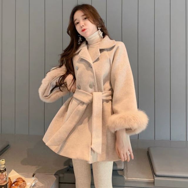 Áo dạ ulzzang cổ vest phối lông cổ tay thắt nơ eo siêu xinh hot hit