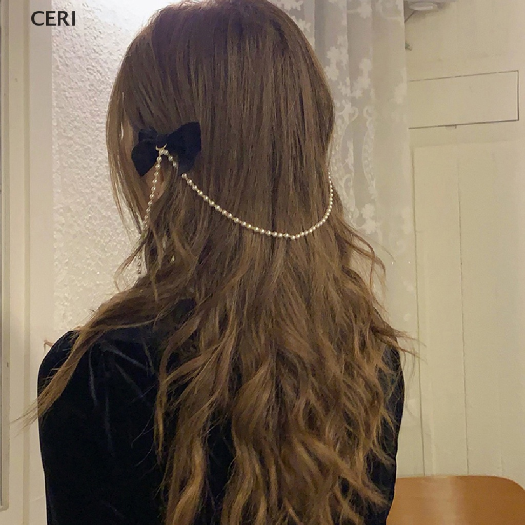 Kẹp Tóc Hình Nơ Bằng Nhung Phối Chuỗi Hạt Ngọc Trai Thời Trang Cho Nữ