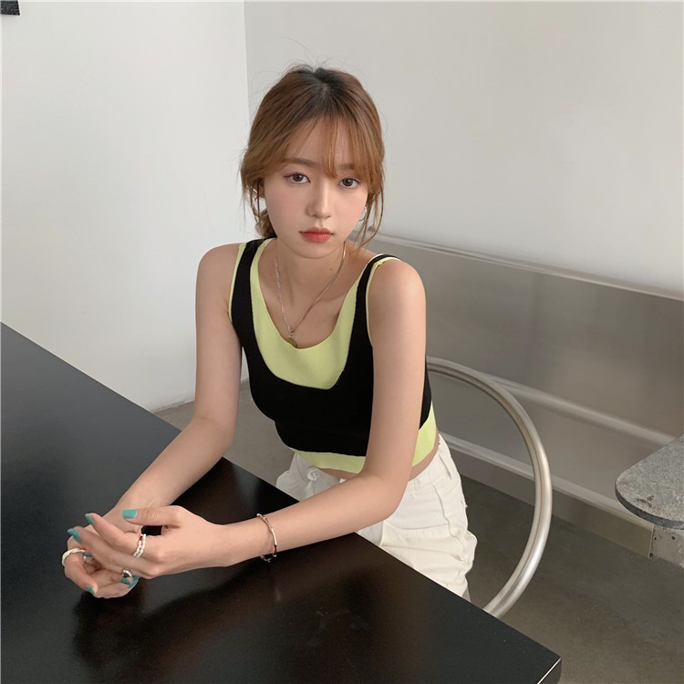 【ZHELIHANGFEI】 / Áo Dệt Kim Sát Nách Giả Hai Mảnh Màu Sắc Phù Hợp Với Nhiều Phong Cách