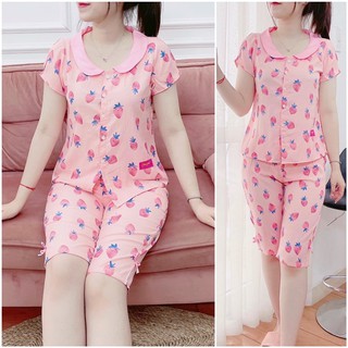 Đồ Bộ Mặc Nhà Lửng Dâu Chất Đũi Lạnh Mềm Mát