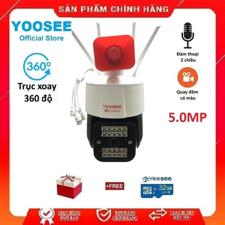 Camera IP WIFI Ngoài Trời PTZ Yoosee 4 Râu 5Mpx Có Còi Hú Chống Trộm, Ban Đêm Có Màu, Xoay 360 Độ, Đàm Thoại Hai Chiều