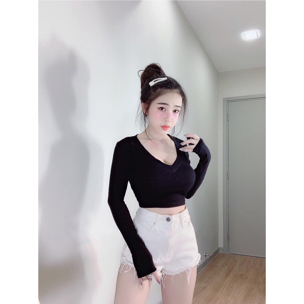 CROPTOP FO REVER 21 CỔ TIM THUN XỊN GIẶT MÁY ĐƯỢC - ÁO DÀI TAY ÔM BODY CO GIÃN TRƠN BASIC HOT GIRL GYM NĂNG ĐỘNG 23