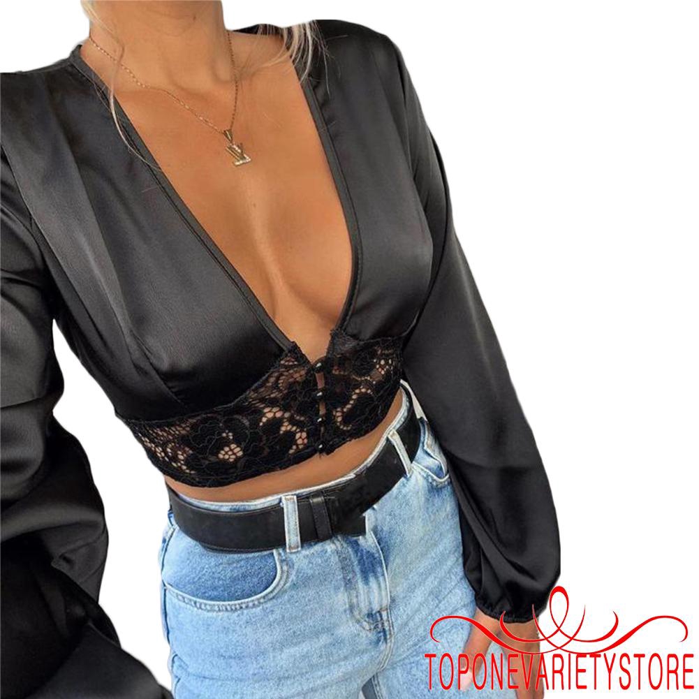 Áo dài tay cổ chữ V khoét sâu phối ren quyến rũ cho nữ