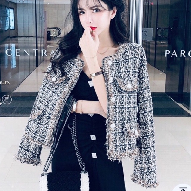 Áo Khoác Dạ Kẻ Viền Nhũ Cúc Ngọc 2 Lớp Sang Chảnh