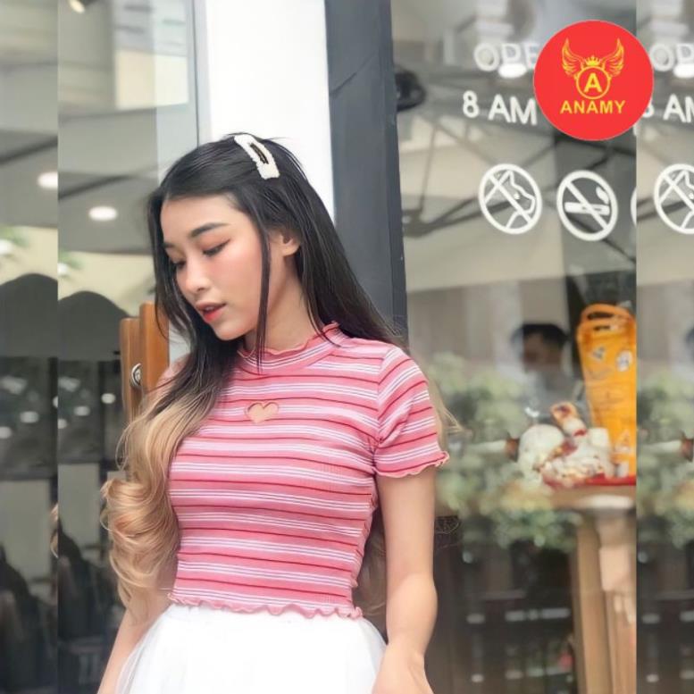 Áo croptop nữ thun gân kẻ sọc khoét trái tim ôm body thời trang nhiều màu