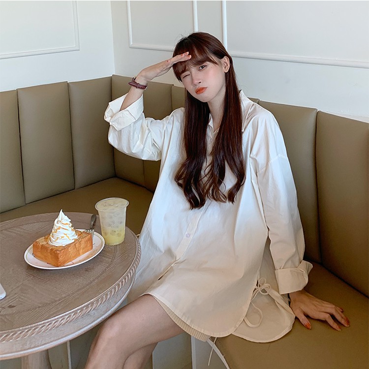 Kumivn SẴN BE áo sơ mi vạt lệch dáng rộng buộc nơ 2 bên ulzzang style