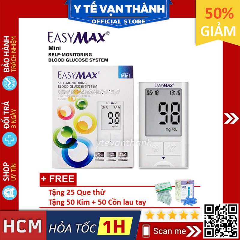 ✅ [TRỌN BỘ] Máy Đo Đường Huyết- EasyMax Mini (Easy Max) (Kèm 25 Que Thử, Kim, Cồn) -VT0763 | Y Tế Vạn Thành