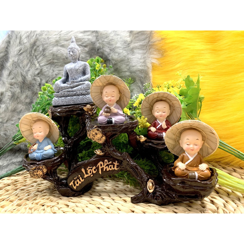 Tượng Phật và các chú tiểu Tịnh Tâm nón lá tọa đế Tài Lộc Phát