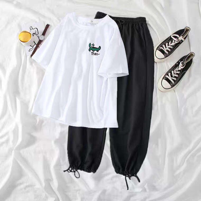 Sét Áo phông logo cá sấu + quần bom chun, Áo thun from rộng, Chất đẹp không xù, Sét bộ mặc ở nhà - MODY