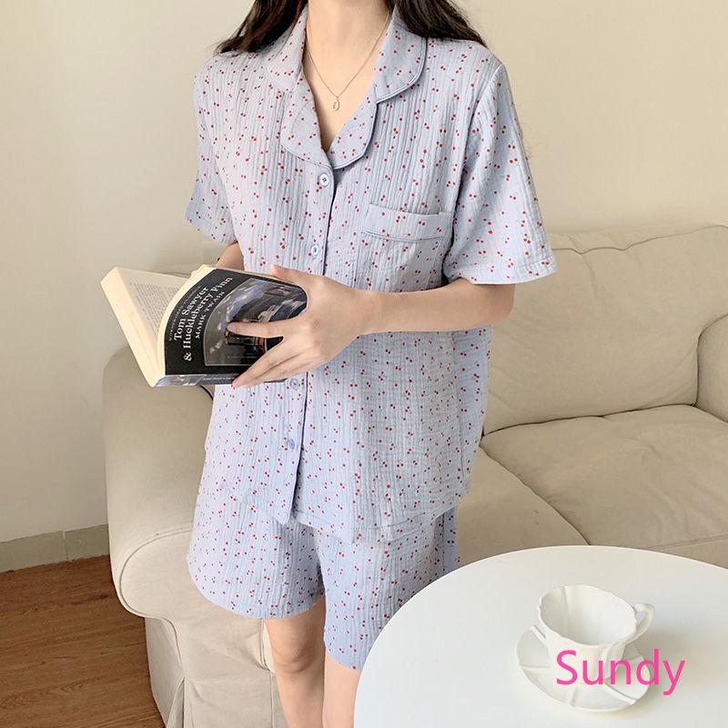 Bộ Đồ Ngủ Ngắn Tay Dáng Rộng In Hình Trái Cherry Thời Trang Mùa Hè Hàn Quốc Dành Cho Nữ