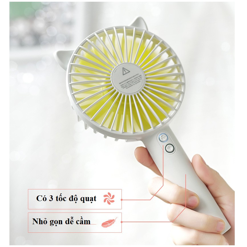 Quạt mini cầm tay tiện dụng handy fan 3 tốc độ gió tai mèo cao cấp có đèn kiêm giá đỡ điện thoại