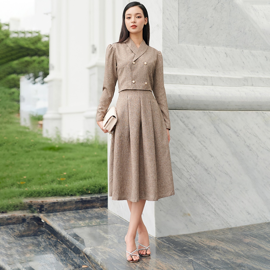 Váy Công Sở Dài Tay LEOSWEARING Set Chân Váy Xòe Xếp Ly Có Túi 2 Bên Áo Sơ Mi Croptop Tay Dài Cổ Vest D48 | BigBuy360 - bigbuy360.vn