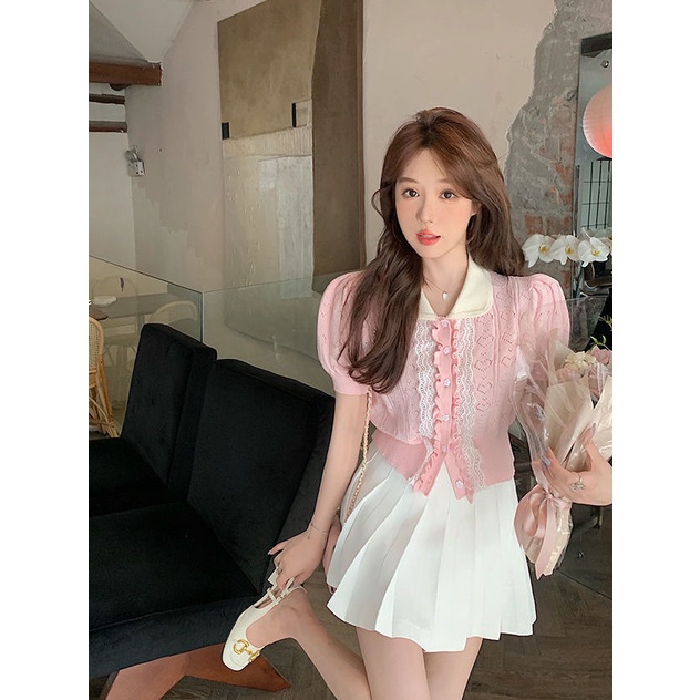 Áo Cardigan Dệt Kim Tay Ngắn Thiết Kế Lỗ Lưới Thời Trang Thanh Lịch Cho Nữ  tao bao