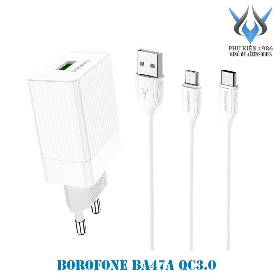 Bộ Cốc và Cáp sạc Borofone BA47A Mighty speed QC3.0 Output 18W - chân Micro-USB / Type-C (Trắng)