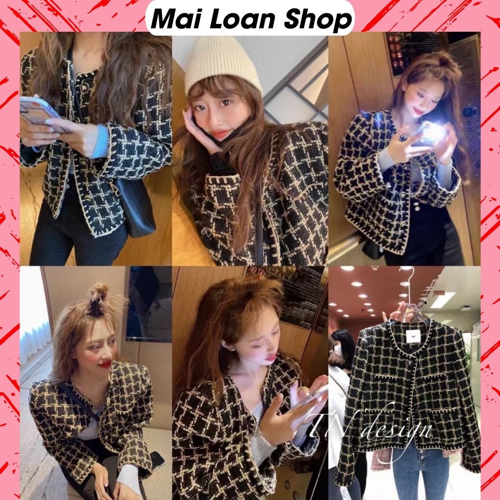 Áo Khoác Nữ Dạ Tweed Cao Cấp, Áo Khoác Thu Đông Nữ Kẻ Caro Tay Dài Cúc Tròn Chạy Viền Tết Cá Tính.