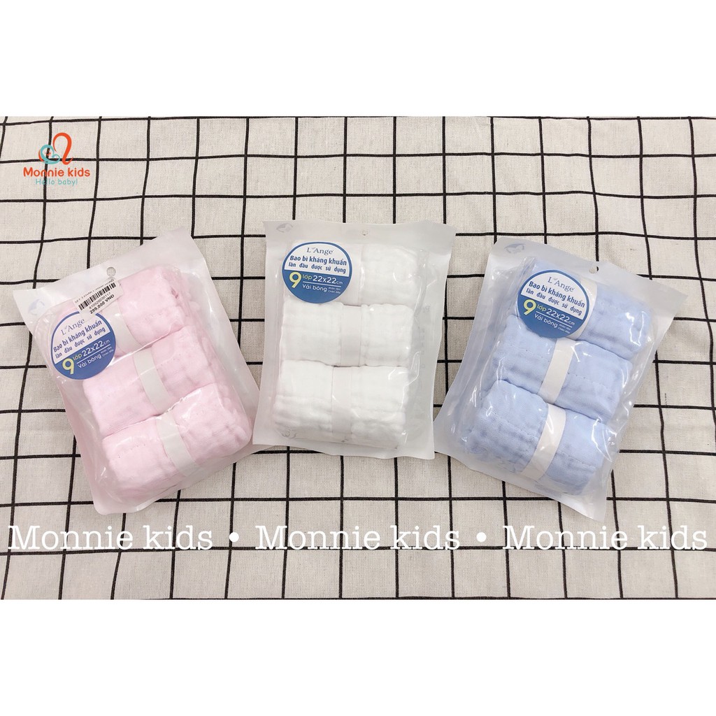 SET 3 KHĂN XÔ VẢI BÔNG 9 LỚP L ANGE SỢI BÔNG CẤP Y TẾ VÀ BAO BÌ KHÁNG KHUẨN 22X22CM