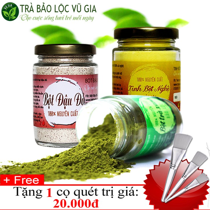 [Bộ 3] Bột Trà Xanh Nguyên Chất 100g + Bột Đậu Đỏ Nguyên Chất 100g + Tinh Bột Nghệ Nguyên Chất 100g + Tặng Cọ Quét