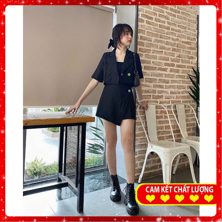 Áo Croptop💦Set Vest💦[FREESHIP]💦 Set áo vest croptop + chân váy chữ A xếp TẶNG KÈM TẤT CAO CỔ HÀN QUỐC CỰC ĐẸP Mã VFC09