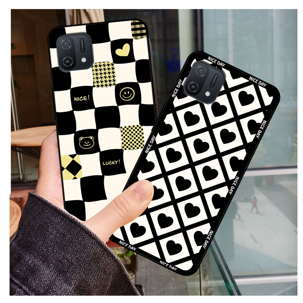 Ốp lưng Oppo A16k in hoạ tiết caro trái tim đen trắng, gấu bear cute đáng yêu