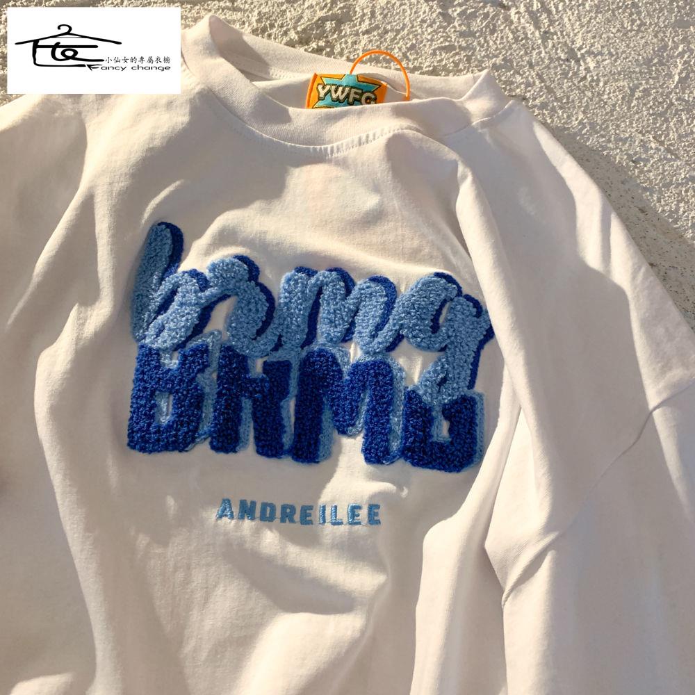 Áo Thun Cotton Ngắn Tay Thêu Chữ Phong Cách Đường Phố Mỹ