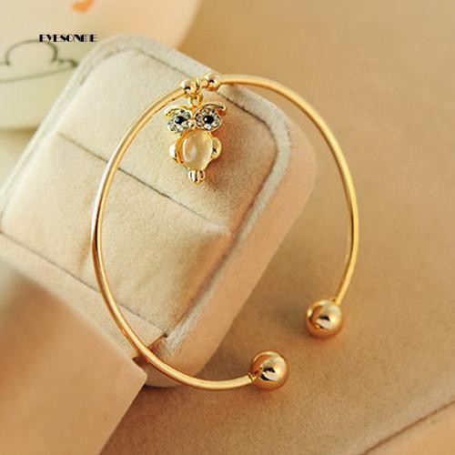 Vòng tay hở mạ vàng mặt hình chim cú đính đá mắt mèo