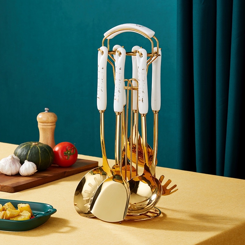 Bộ dụng cụ nấu ăn nhà bếp bằng thép cán sứ vân đá Huydecor