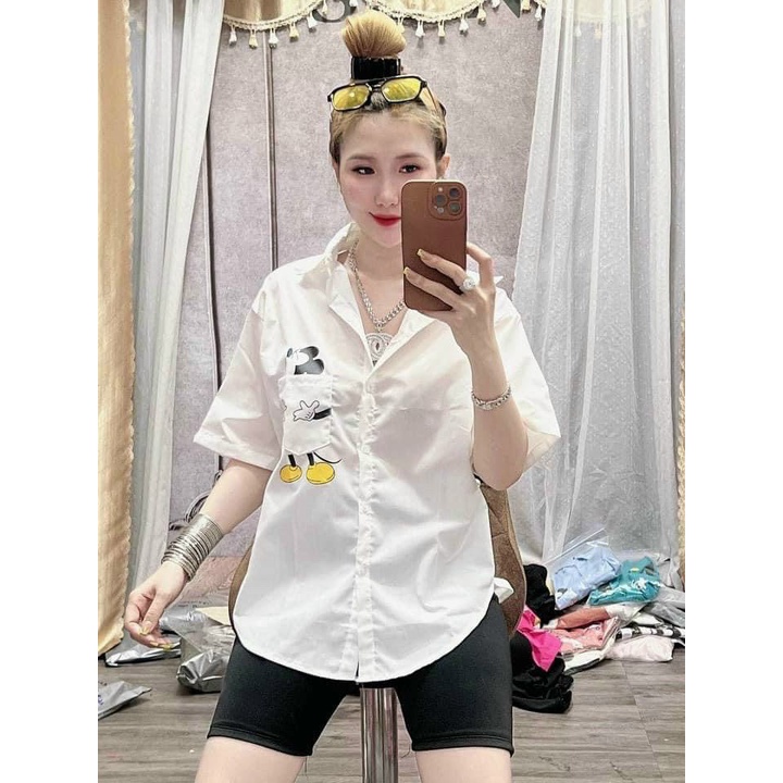 SET NỮ ÁO SƠ MI CÓ TÚI HỌA TIẾT MICKEY QUẦN LEGGING NGỐ PHÙ HỢP ĐI DẠO PHỐ