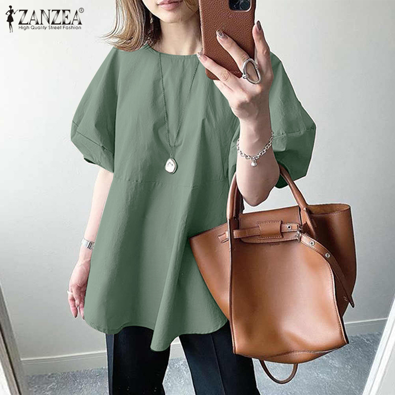 Áo Kiểu ZANZEA Tay Phồng Cổ Tròn Dáng Rộng Thời Trang Cho Nữ