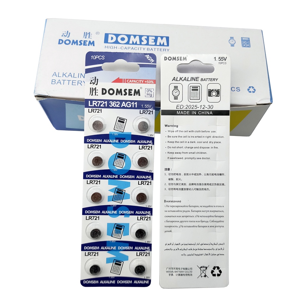 Vỉ 10 Viên Pin AG11/ SR721SW/ CX58 / 362A / LR721W DOMSEM Pin Cúc Áo Thay Thế Cho Đồng Hồ Đeo Tay Các Loại