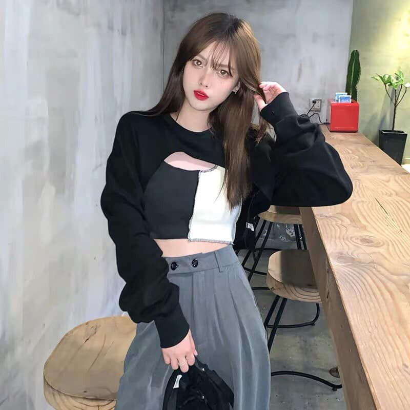 set áo croptop 2 dây bản to phối áo dài tay khoét ngực 2 màu đen/trắng hot trend ( video/ảnh thật) Xưởng Sỉ Nguyễn Hoa