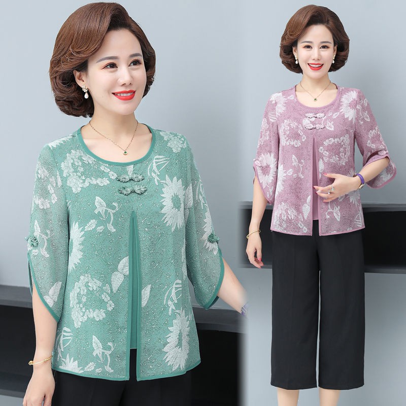 Váy mùa hè cho bà mẹ trung niên mới Bộ đơn / bộ Bà mẹ trung niên Bộ đồ hai mảnh mùa hè 50 tuổi Mrs. Áo sơ mi nhỏ của phụ