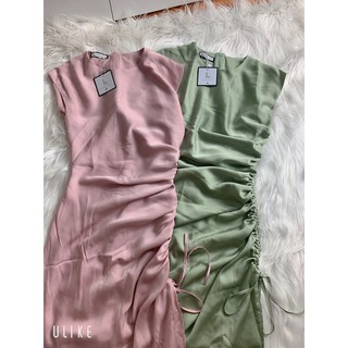 Đầm lụa dáng ôm midi rúm sườn tay hến - đầm thiết kế