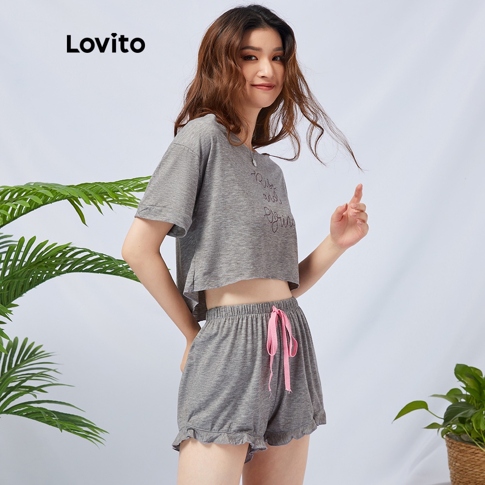 Lovito Bộ đồ ngủ buộc dây in chữ hoạt hình L11073