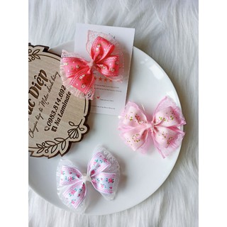 [Handmade] Kẹp tóc gắn nơ ren kết hợp ruy băng hoạ tiết vintage