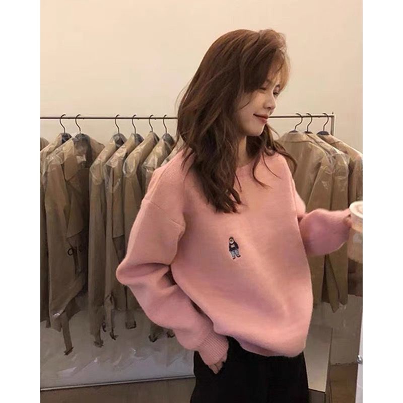 White bear embroidered round-neck sweater female winter lazy thickened bottom top loose soft waxy sweater