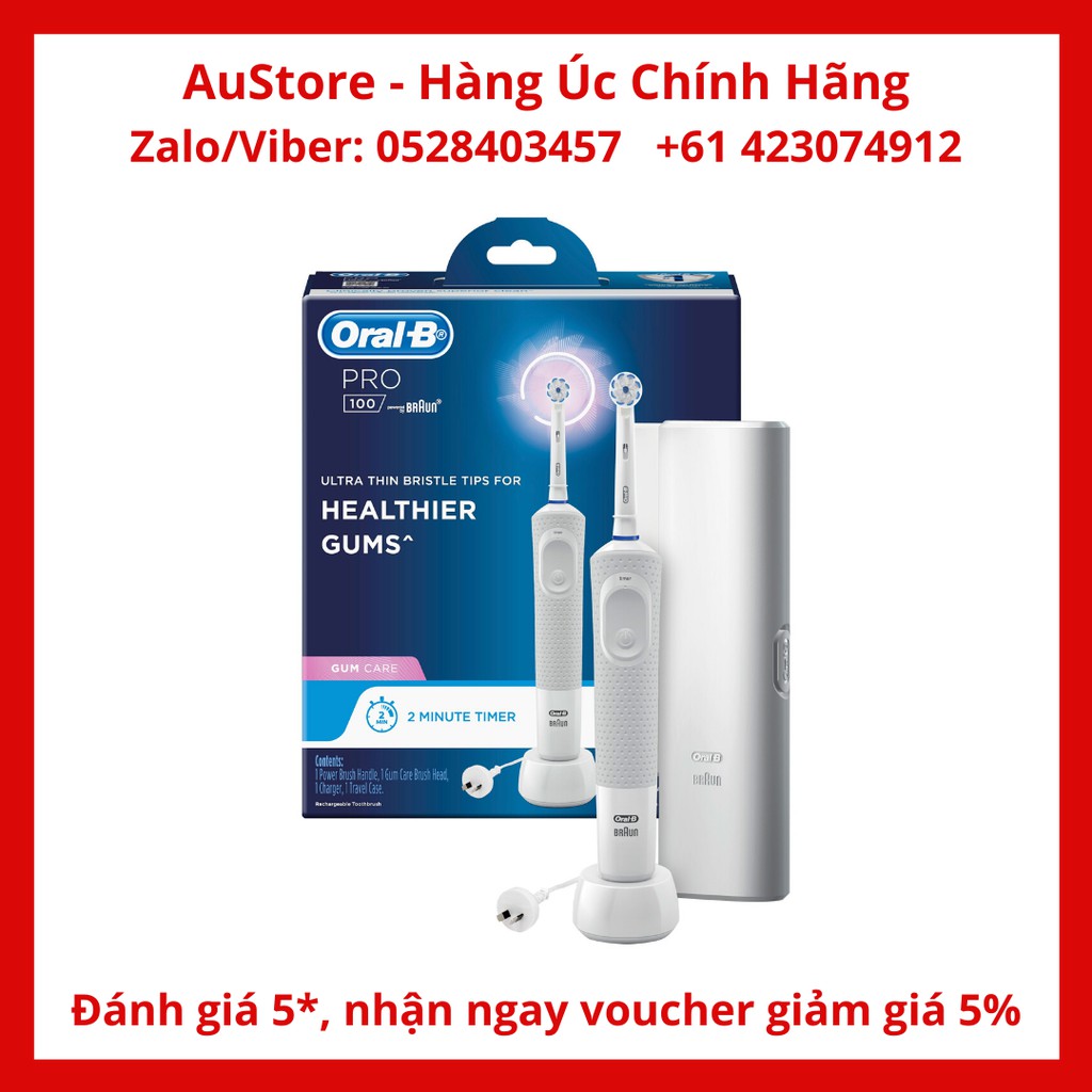 [Hàng Úc, đủ bill] Bàn chải đánh răng điện Oral-B Pro 100 Gum Care, giúp phòng chống viêm nướu răng (viêm lợi) hiệu quả