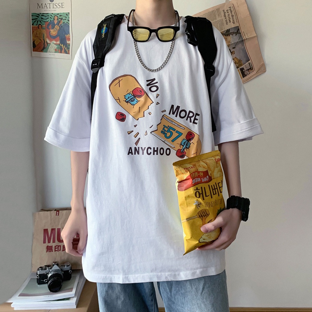 Áo thun tay ngắn dáng rộng in họa tiết ván trượt phong cách Hồng Kông thời trang cho nam