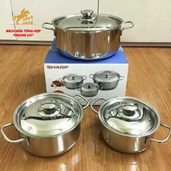 Combo Bộ 3 Nồi Inox Sharp Cao Cấp Đáy Từ H&E Dùng Được Cho Bếp Từ, Inox Sang Trọng, Vệ Sinh Đơn Giản