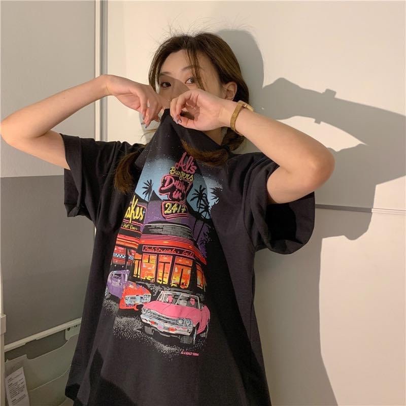Áo thun phông logo tay PINK tay lỡ form rộng phong cách Retro Vintage Unisex